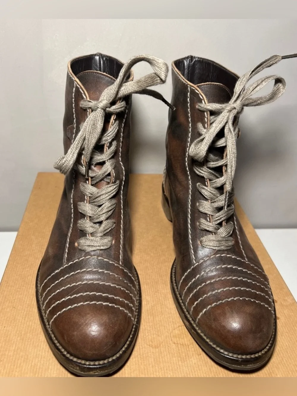 Henry Cuir Vertigo Treccia Brown Leather Lace Up Boots 37.5 US 7